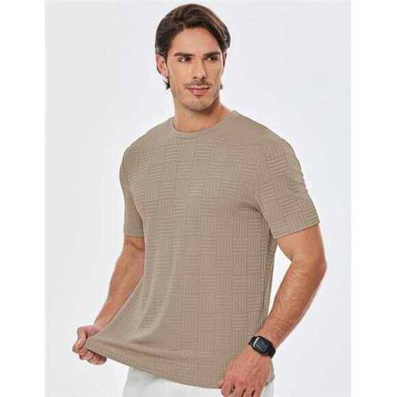 Mens Textured Crewneck T Shirt Slim Fit Short Sleeve Summer Casual Tee Top - Picture 2 of 7